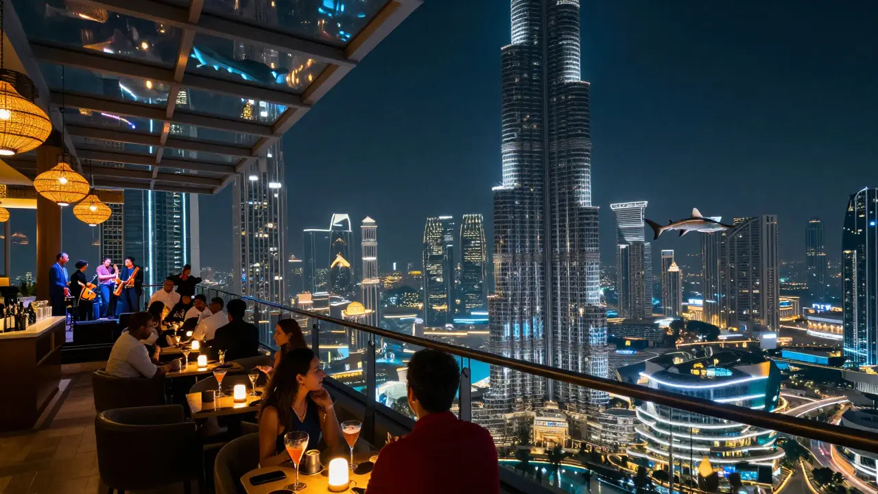 Rooftop bars glowing against Dubai’s skyline with Burj Khalifa, live jazz, and sharks visible through glass ceiling.