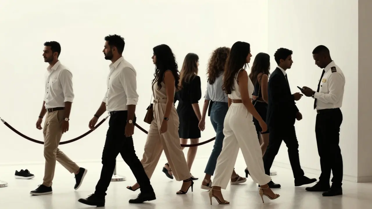 Styled guests entering a minimalist white nightclub, with formal attire contrasted against discarded sneakers at the entrance.