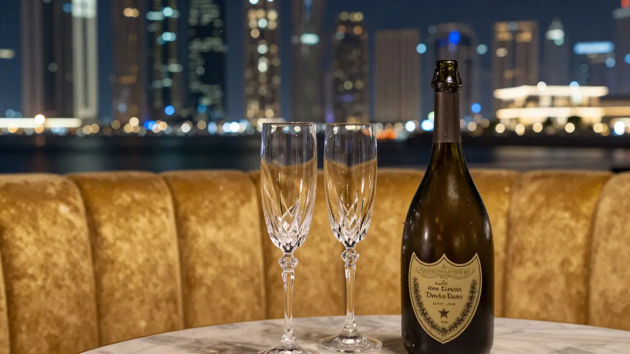 VIP booth with Dom Pérignon champagne and Dubai Marina skyline view.