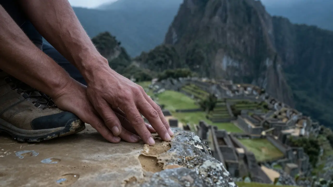 Weathered hands touching Incan stone at Machu Picchu, mist swirling in the background.