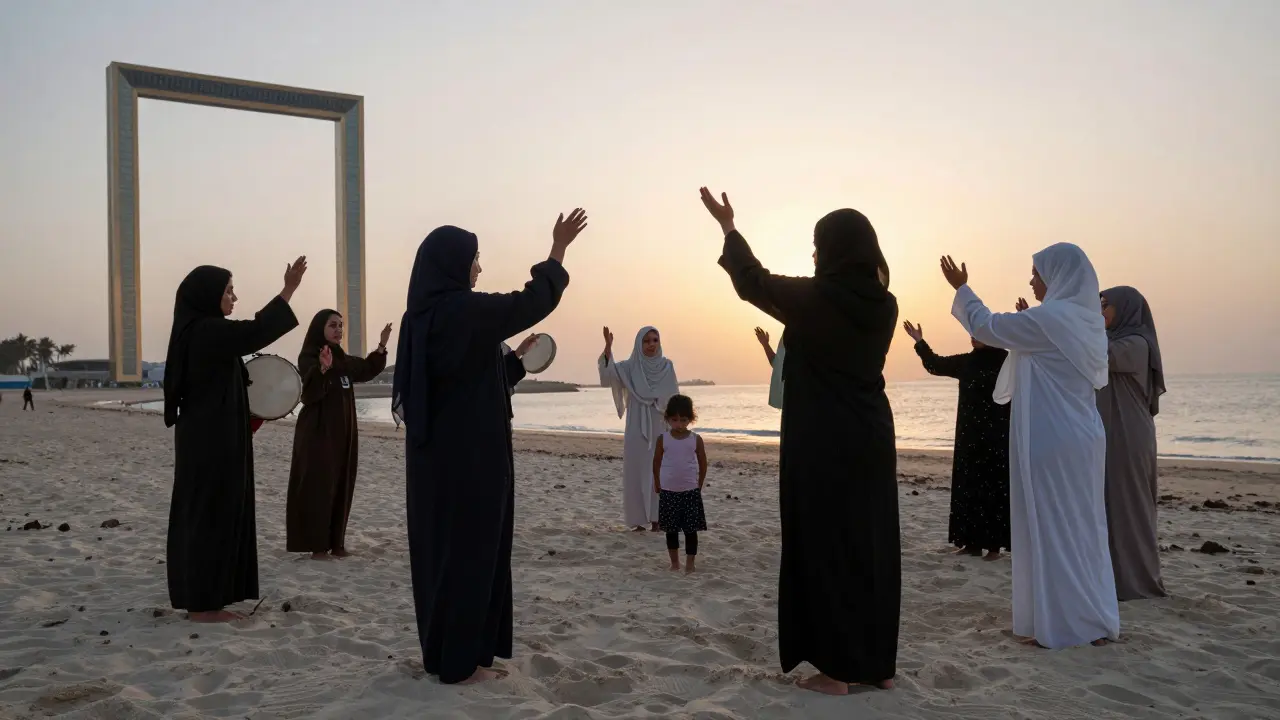 Women in abayas swaying in a circle on the beach at dusk, holding a hand drum as the Dubai Frame looms in the background.