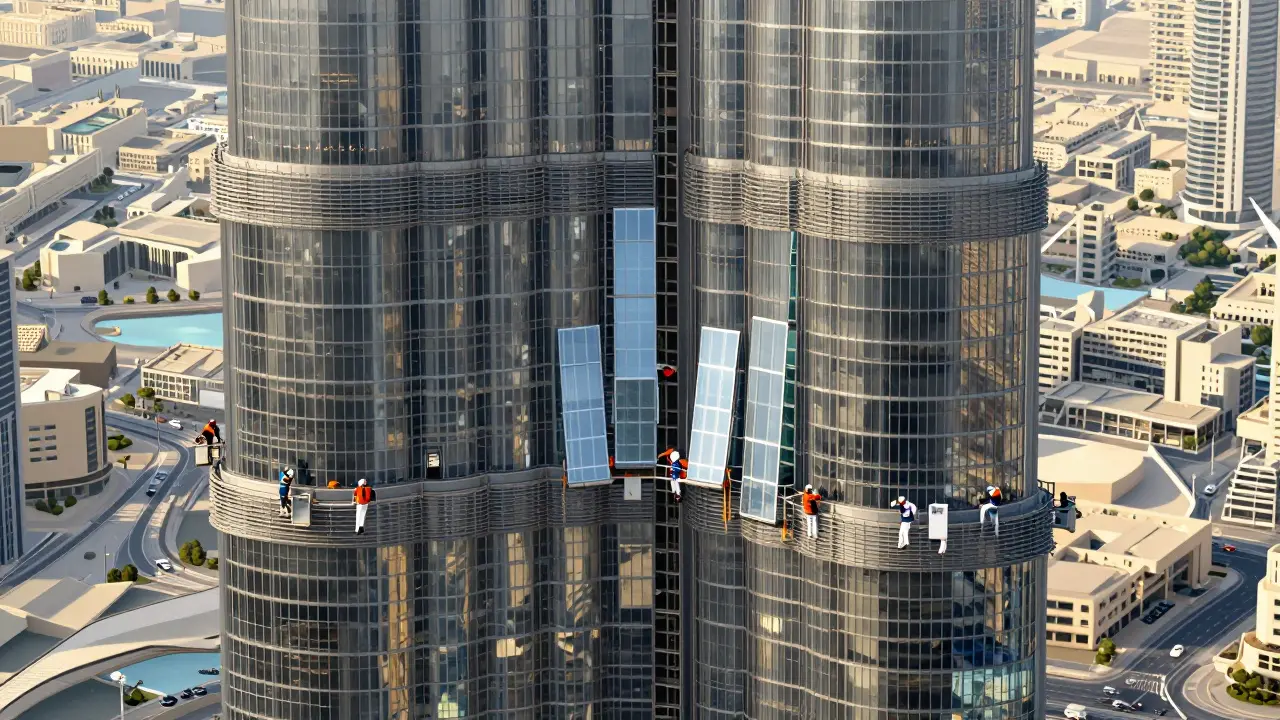Workers installing glass panels on the towering curved facade of Burj Khalifa, suspended in mid-air.
