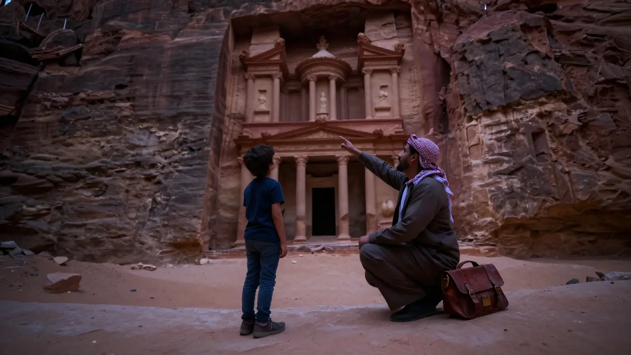 A Bedouin guide pointing to a hidden staircase in Petra as stars appear above.