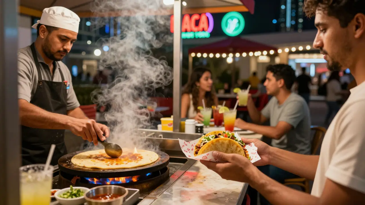 A chef flipping fresh tortillas at Wahaca's late-night taco window under neon signage.