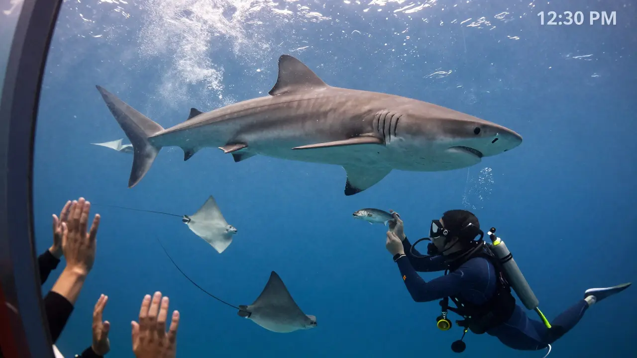A diver feeding sharks in an aquarium as rays swirl around, with visitors watching through thick glass.