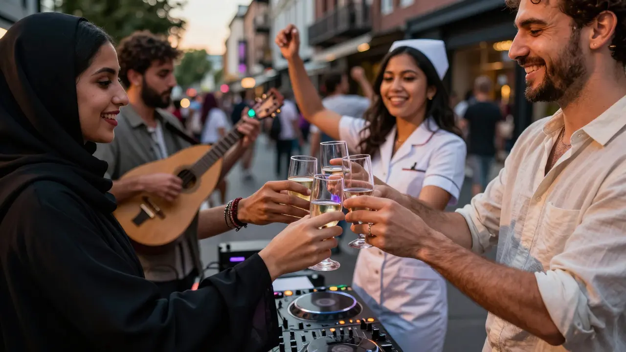 A diverse group of guests clinking glasses at Soho Garden Nightclub—Emirati, Russian, Filipino, and expat patrons—under warm, pulsing lights.