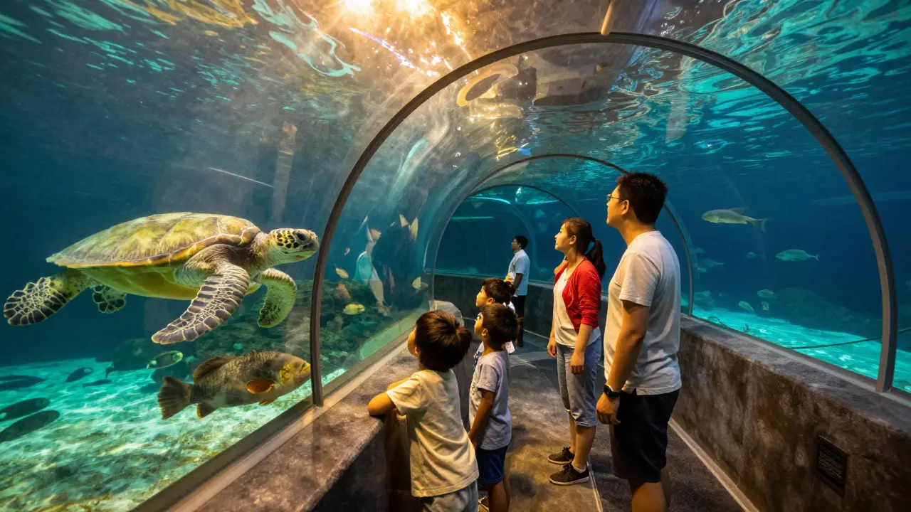 A family gazing down through a glass tunnel at sea turtles and fish swimming beneath their feet.