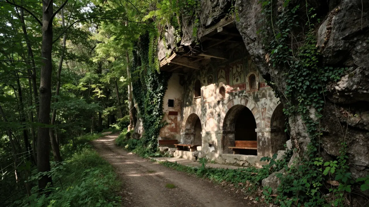 A forgotten cliffside monastery half-hidden in Georgian forest, with ivy-covered arches and faint frescoes illuminated by sunlight.