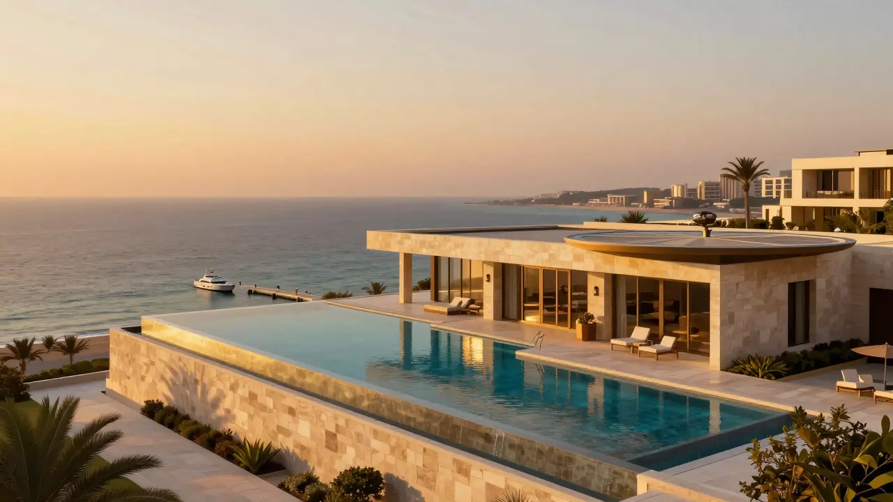 A Golden Mile villa at sunset with infinity pool blending into the sea and helipad above.