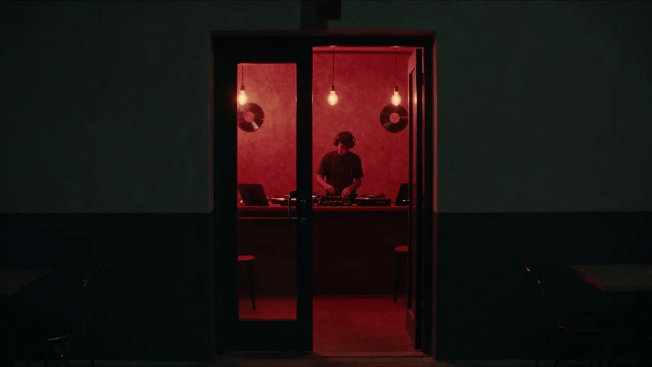 A hidden underground club with a single door ajar, revealing vinyl records and dim ambient lighting inside.