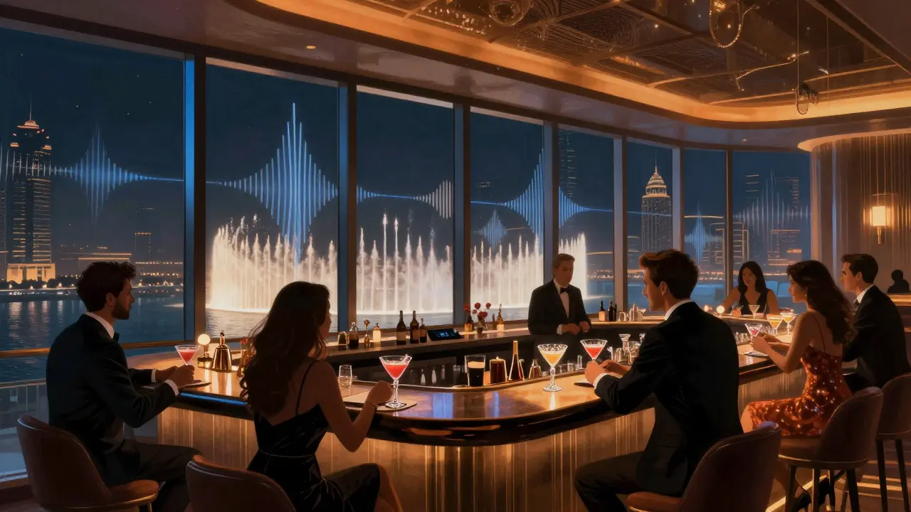 A luxurious rooftop club with panoramic views of Dubai Fountain and patrons in elegant evening attire.