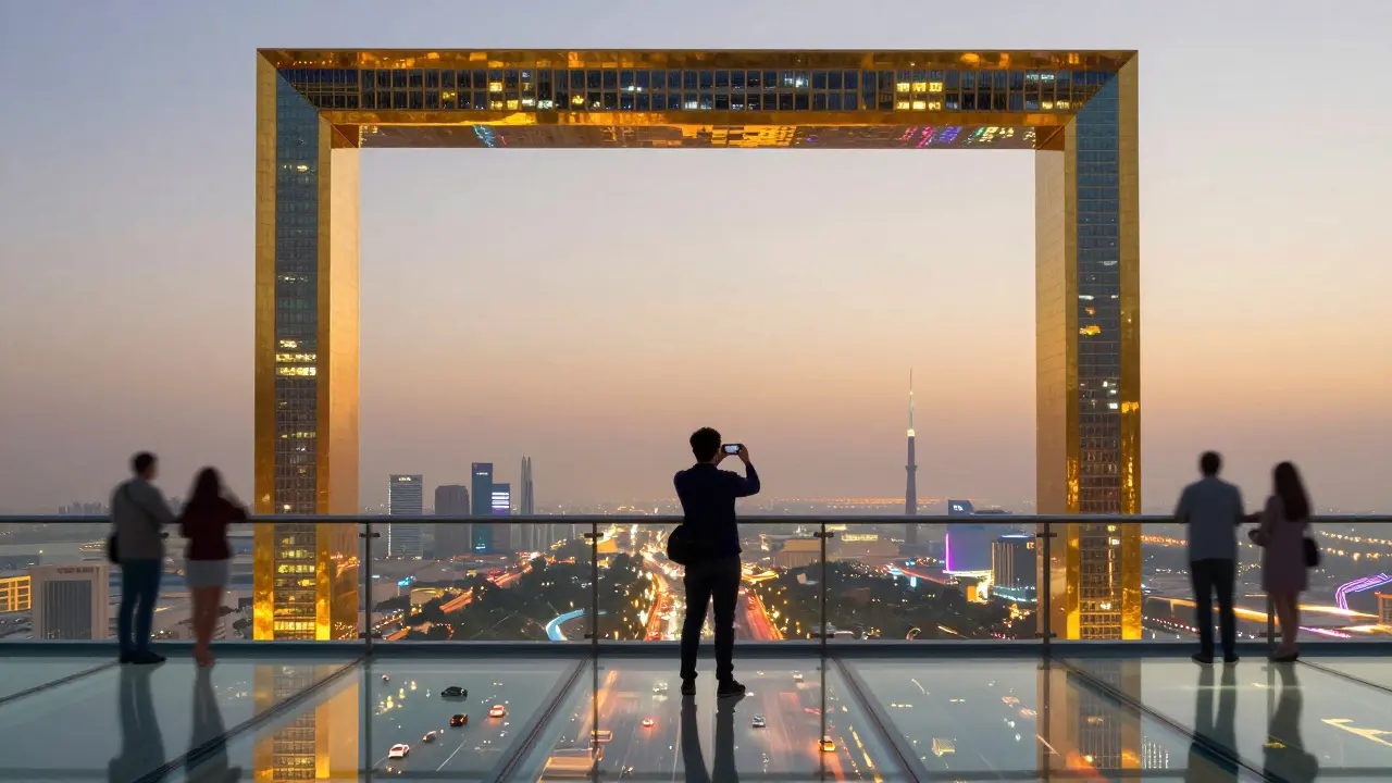 A person on the glass skywalk of the Dubai Frame looking down at the city below.