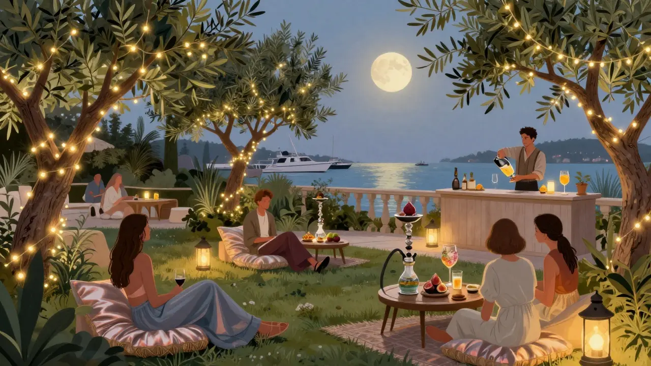 A serene hidden terrace at Soho Garden with fairy lights, silk cushions, hookahs, and fresh figs, overlooking the marina under soft moonlight.