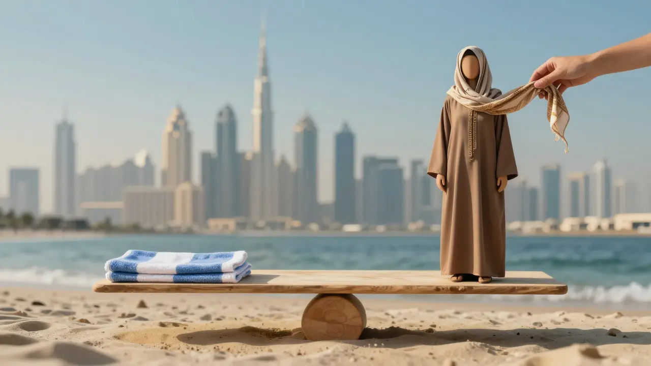 A symbolic scale balancing beachwear and a traditional abaya against Dubai's skyline.
