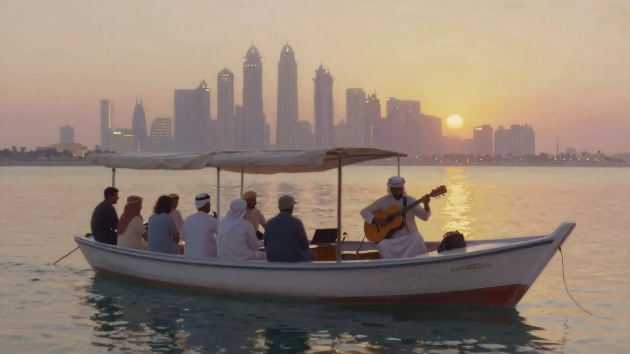 A traditional dhow boat hosts an acoustic music performance at sunset near JBR, with the Dubai skyline in the background.