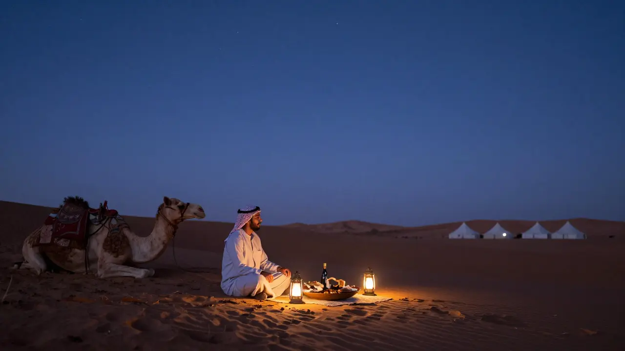 A traveler on a desert dune at twilight under a starry sky with Bedouin lanterns.