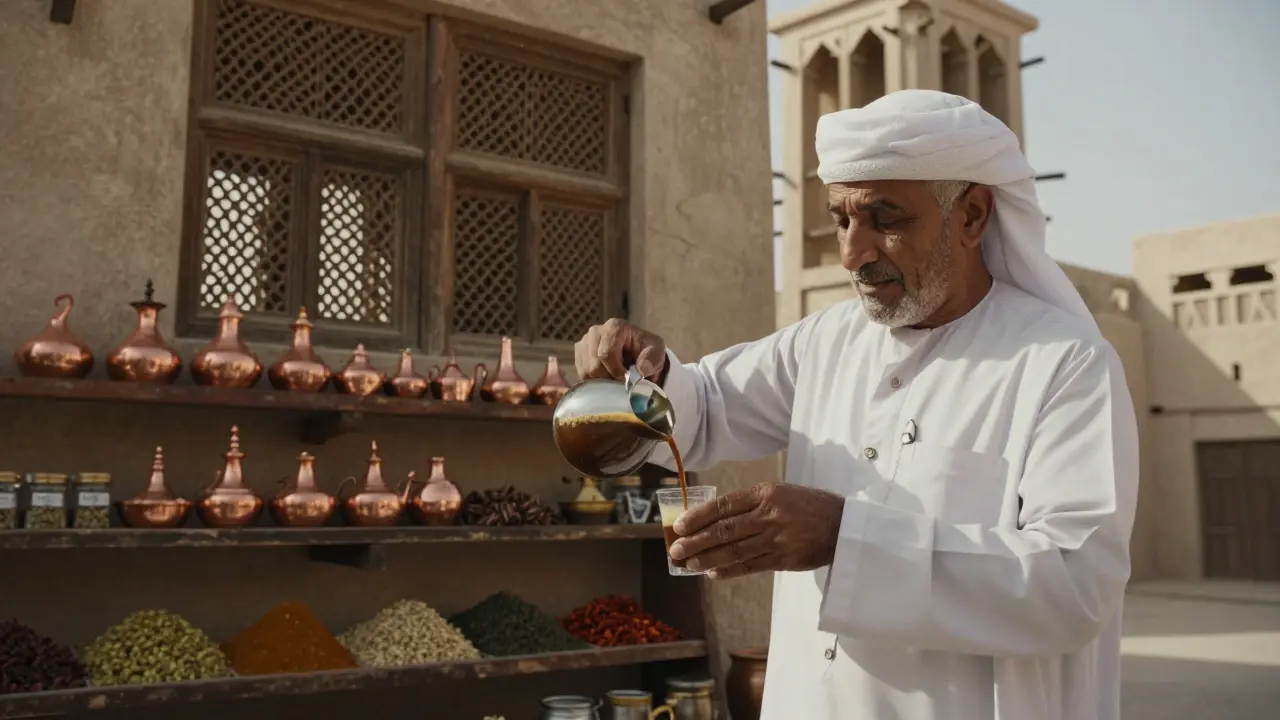 An Emirati man pouring coffee in a historic windtower house with spices.
