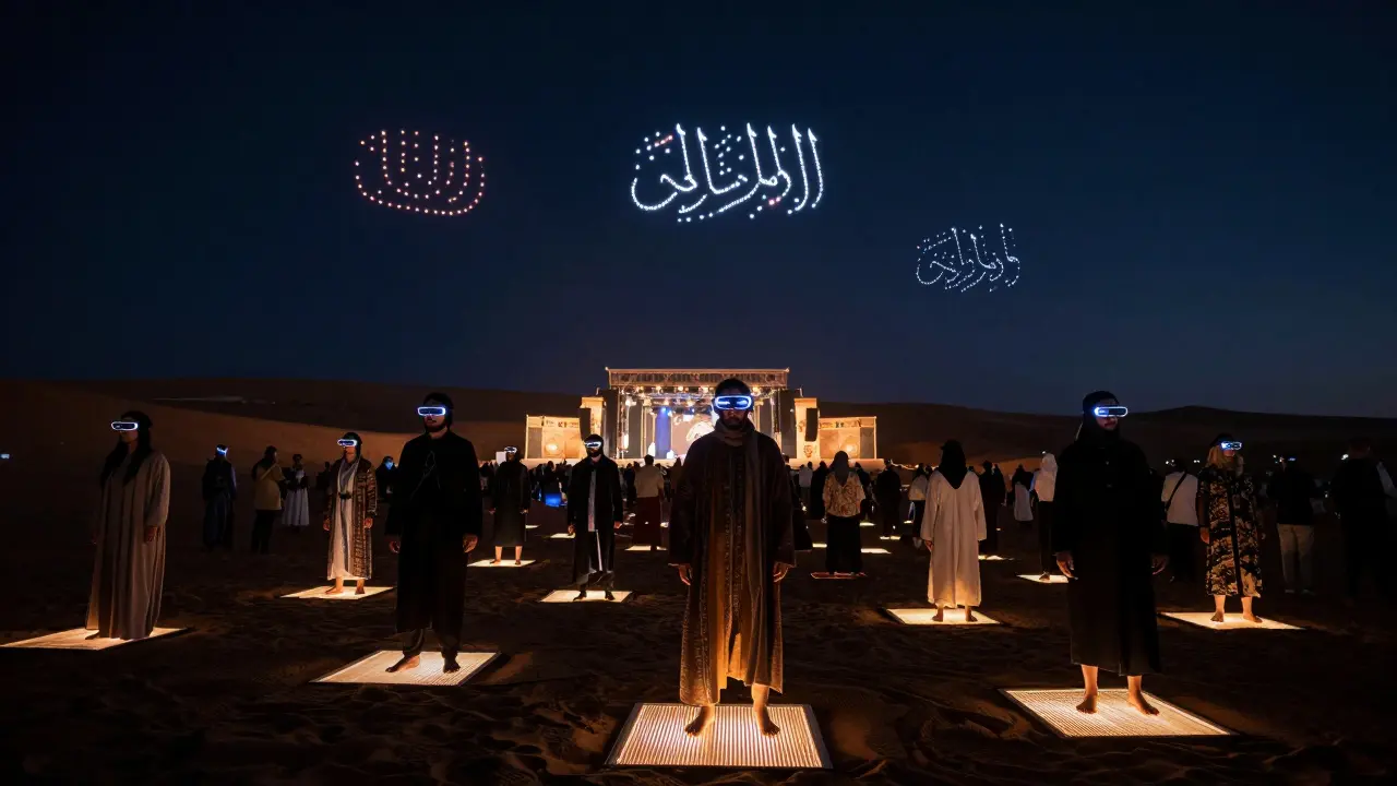 Attendees at a desert concert wearing AR glasses that display cultural narratives above them, under a sky lit by synchronized drones.