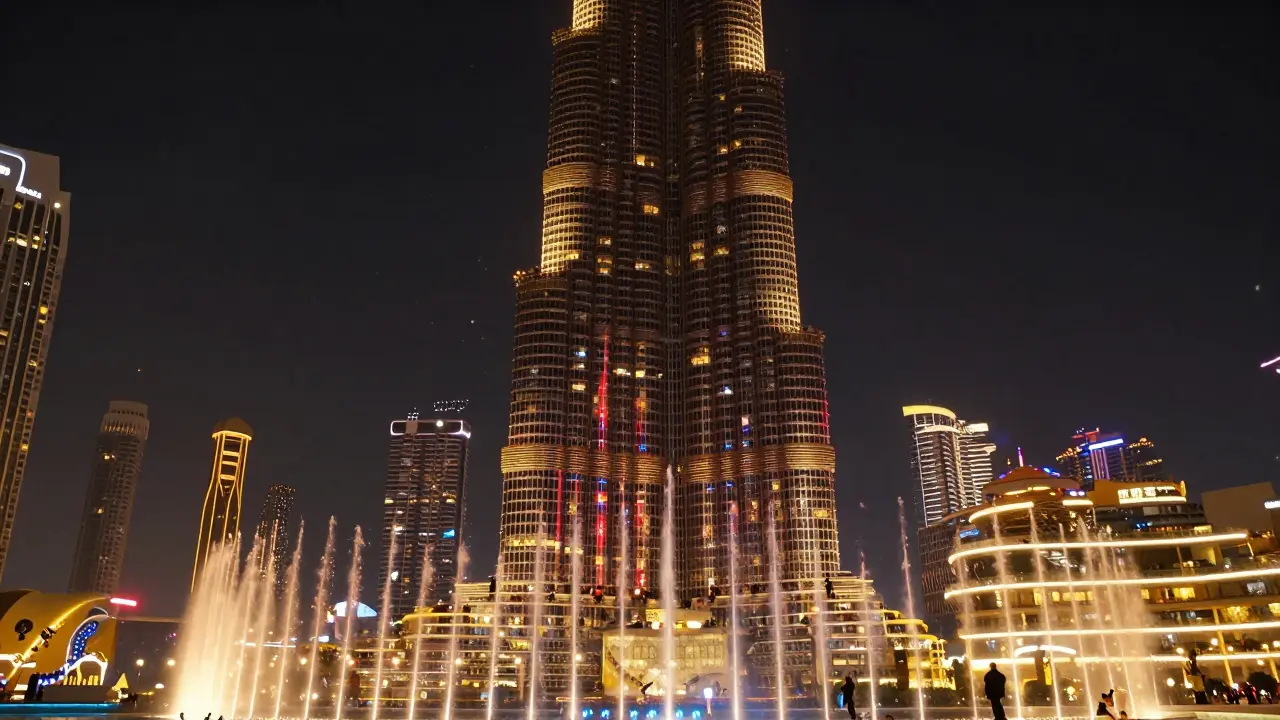 Burj Khalifa at night lit in colorful patterns, with water fountains dancing beneath it.
