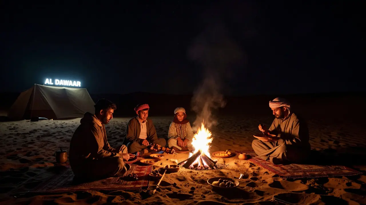 Camel kebabs cooking over charcoal at a hidden desert diner under a starry night sky.
