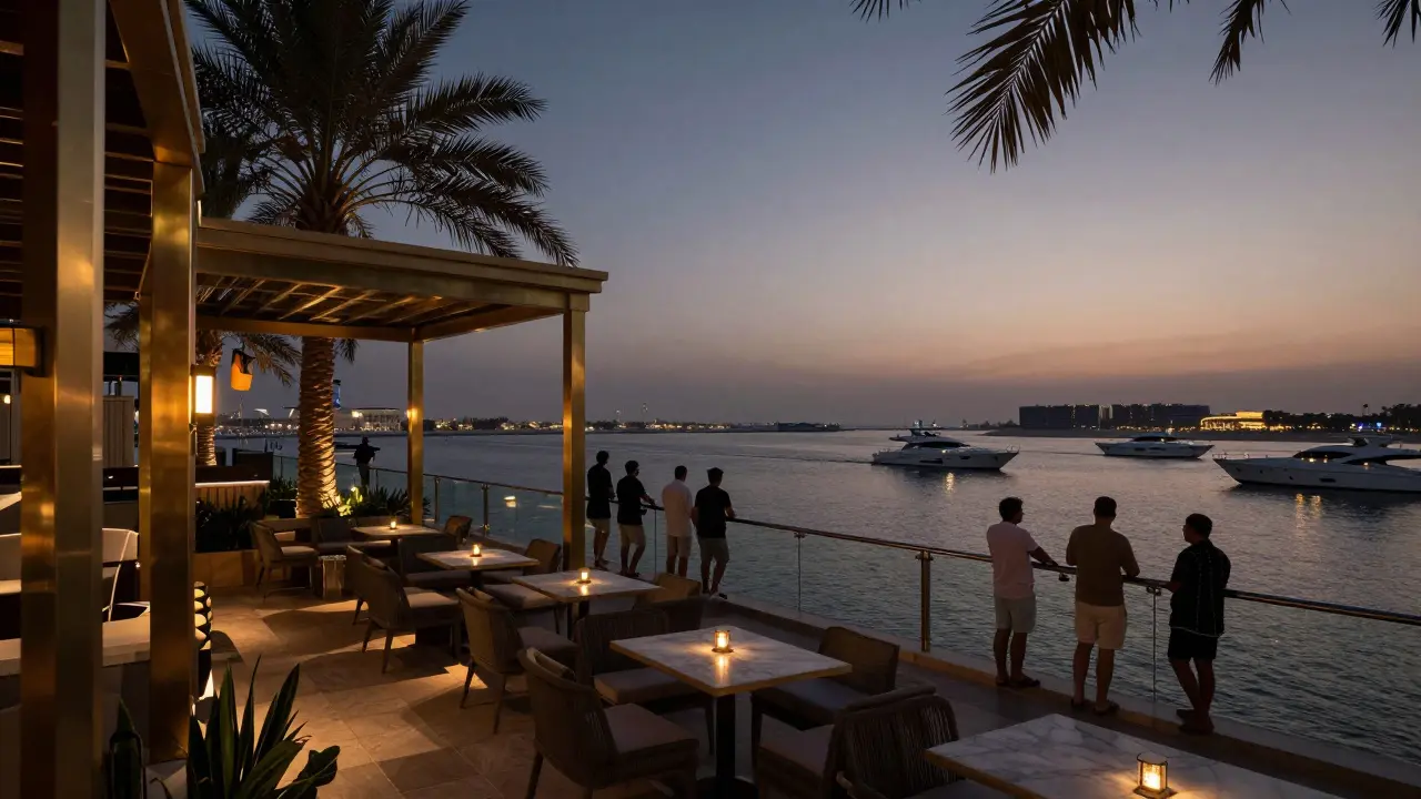 Coastal lounge terrace with yacht view and evening city lights