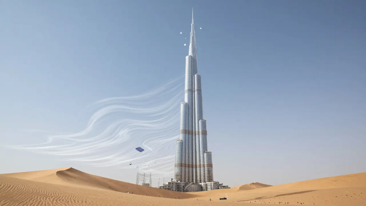Conceptual image of Burj Khalifa rising from desert sands, with abstract representations of life and sustainability flowing through its structure.