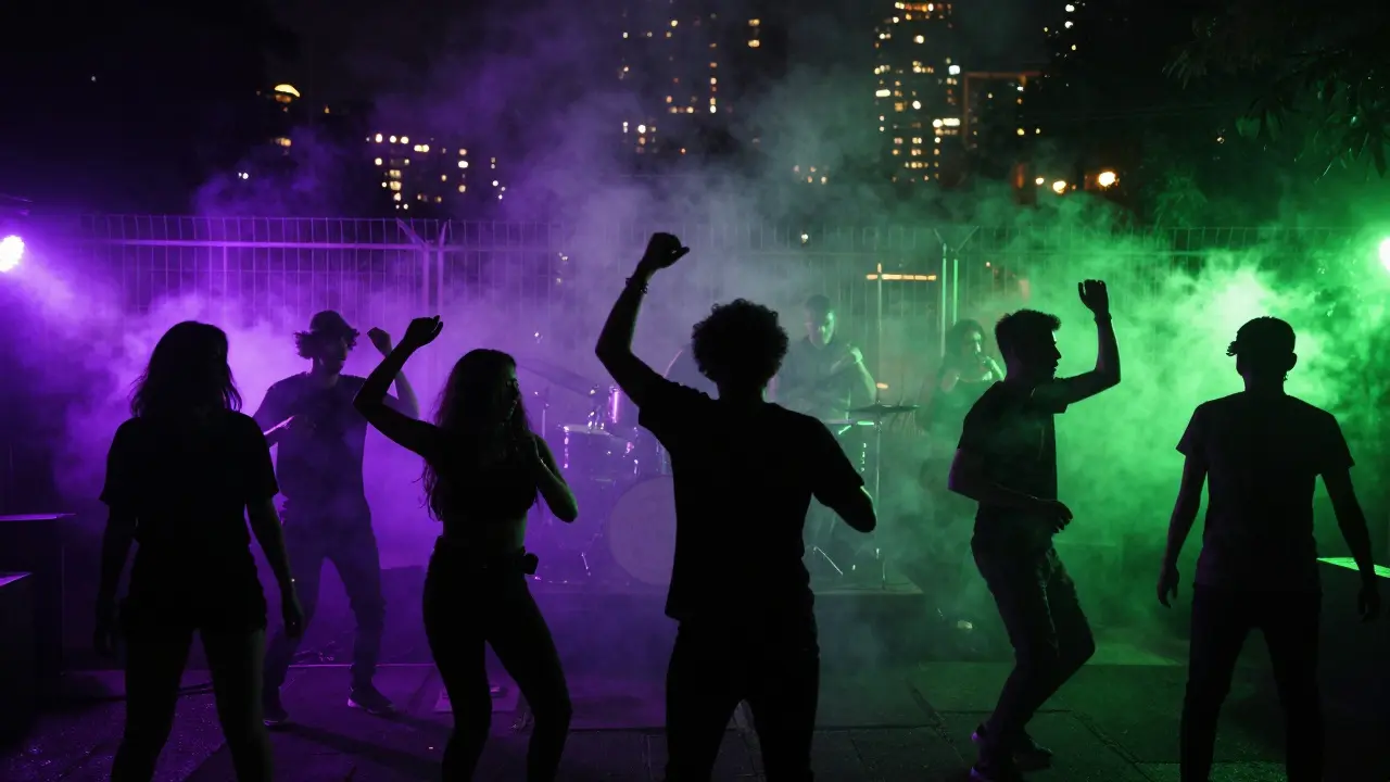 Crowd dancing under stage lights with city skyline visible in background