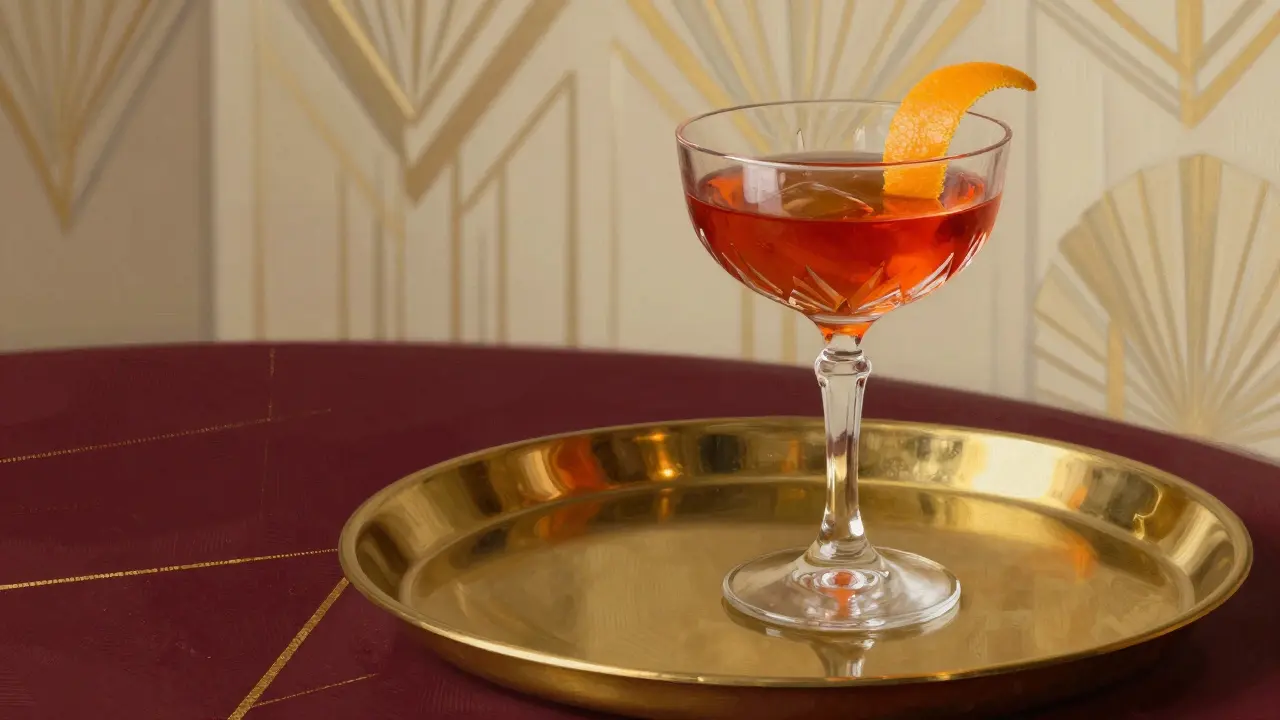 Crystal cocktail glass on brass tray with geometric pattern background