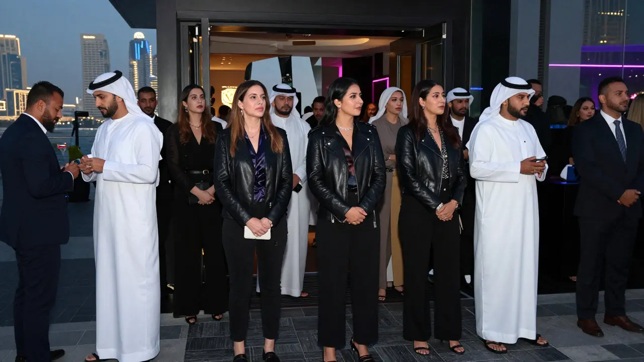 Diverse crowd arriving at BASE Dubai entrance, dressed in smart-casual attire under evening city lights.