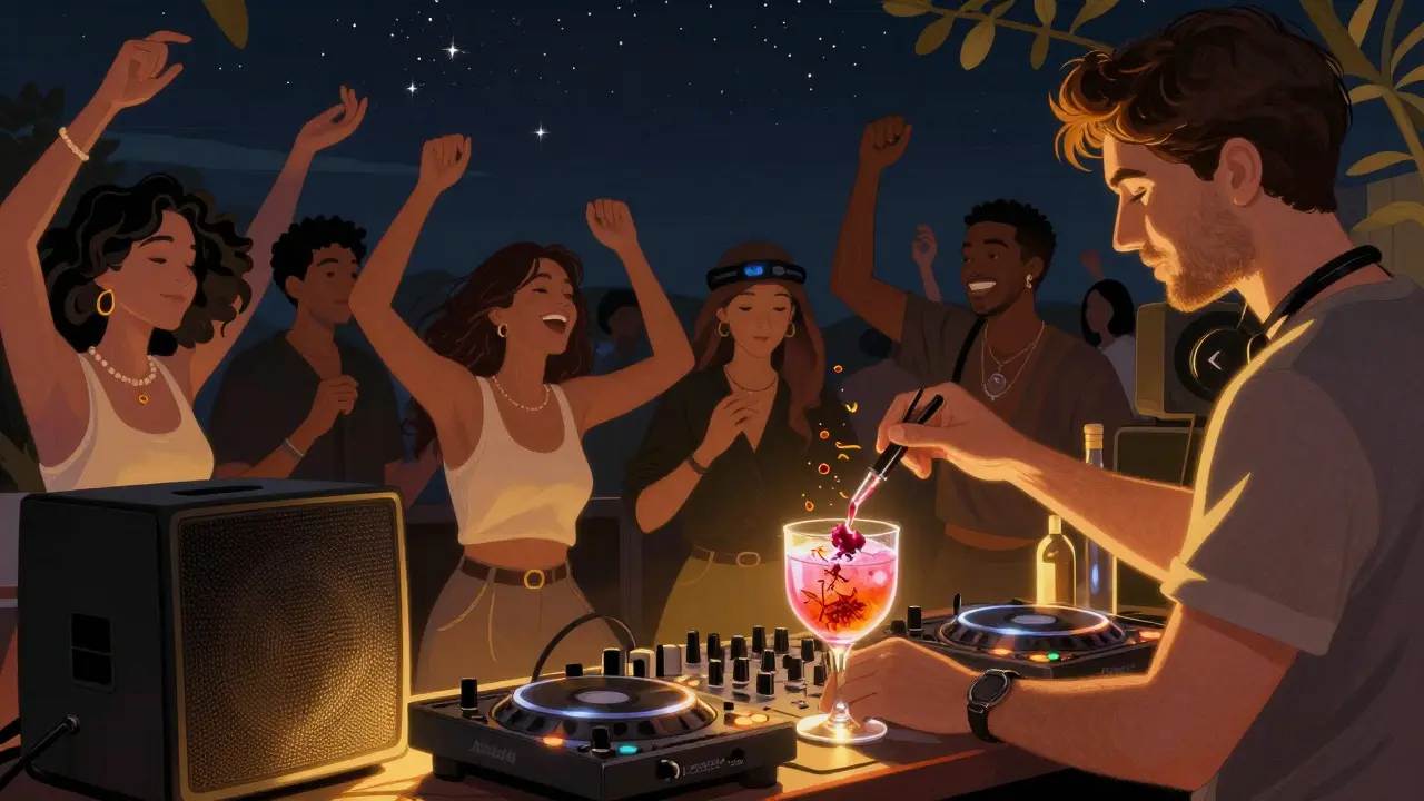 Diverse crowd dancing as a bartender crafts a colorful cocktail with regional ingredients like rosewater and saffron.