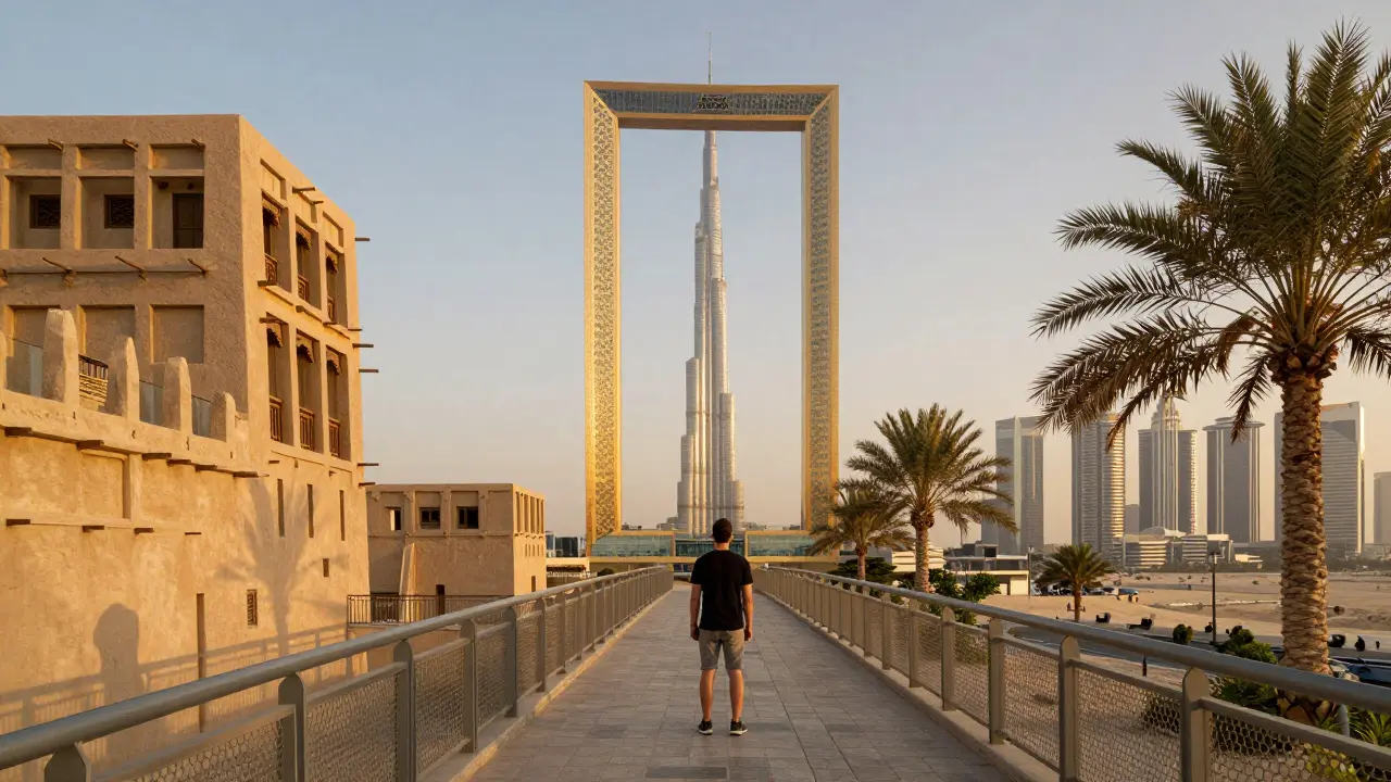 Dubai Frame skybridge showing historic and modern cityscapes side by side at golden hour.