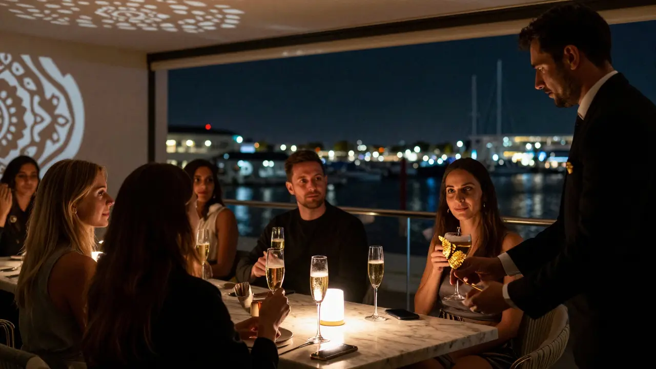 Exclusive mezzanine at BASE Dubai with guests sipping champagne and overlooking the waterfront at night.