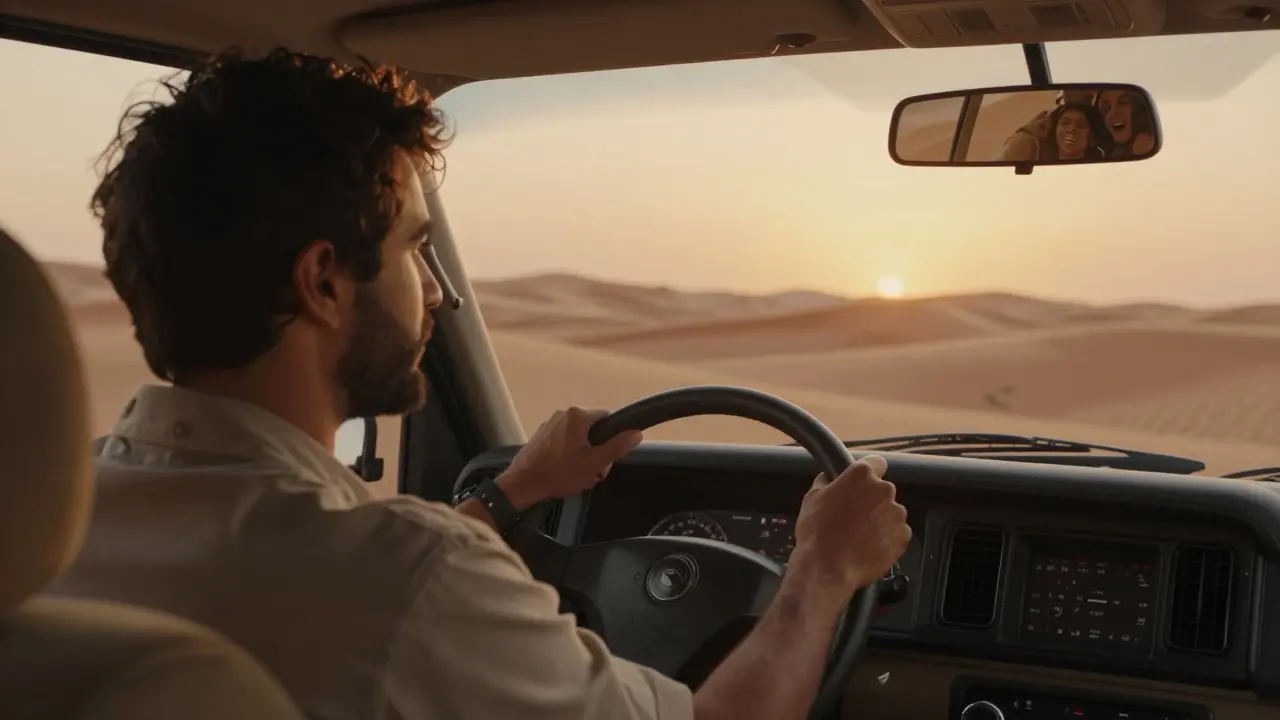 Experienced desert driver concentrating at the wheel during dune bashing at sunset.