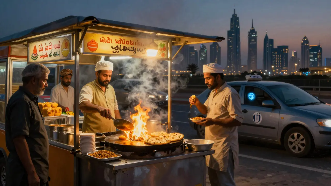 Food trucks at 1 a.m. on Al Maktoum Road serving khameer bread and global street eats under Dubai Marina’s skyline.