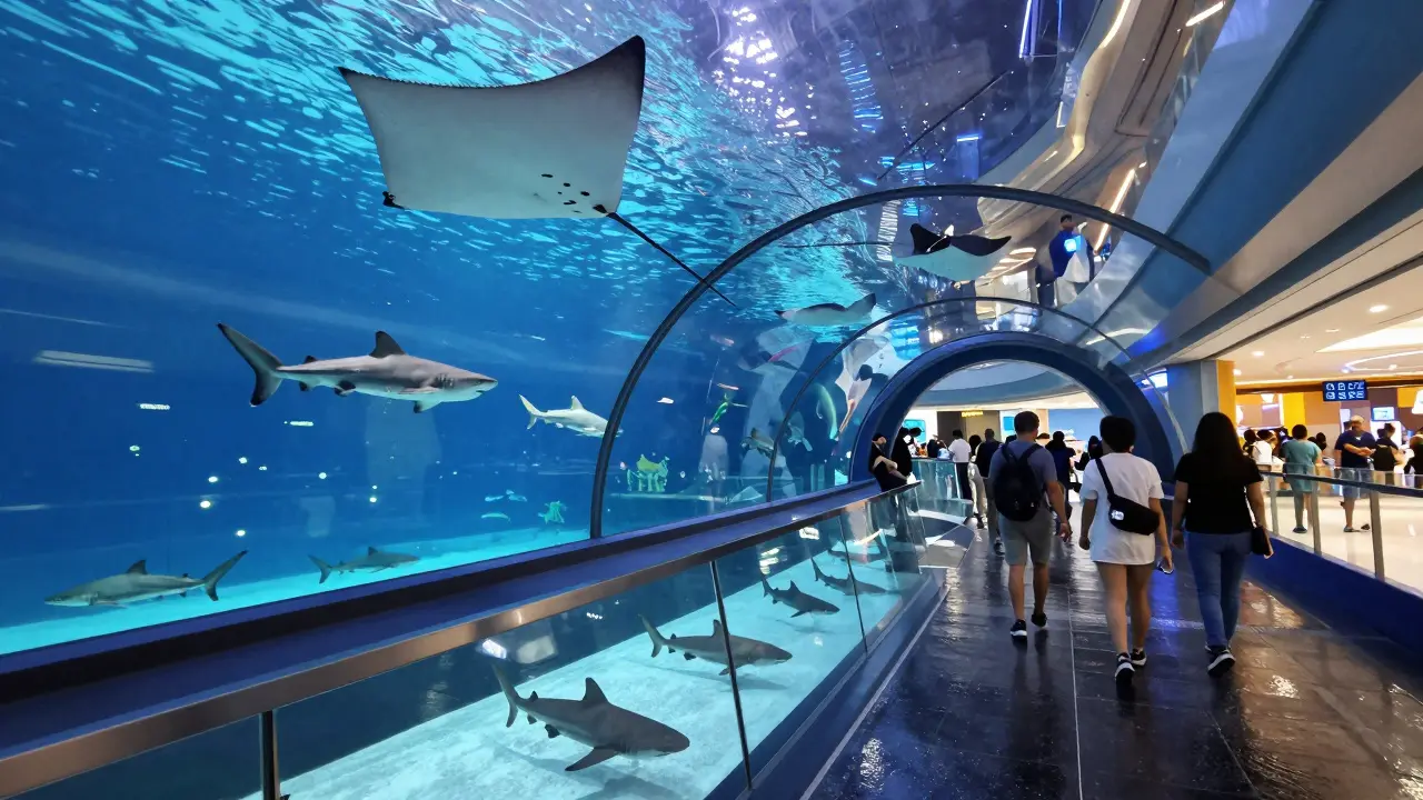 Glass tunnel at Dubai Mall Aquarium with sharks and stingrays swimming above walkers.