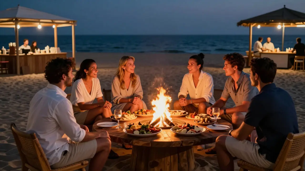 Group dining at beach bonfire pit with shared food and warm glow