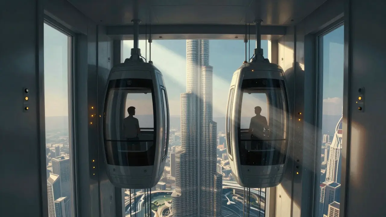 Inside the high-speed elevator of Burj Khalifa, glass walls showing the city below and glowing sensors along the shaft.