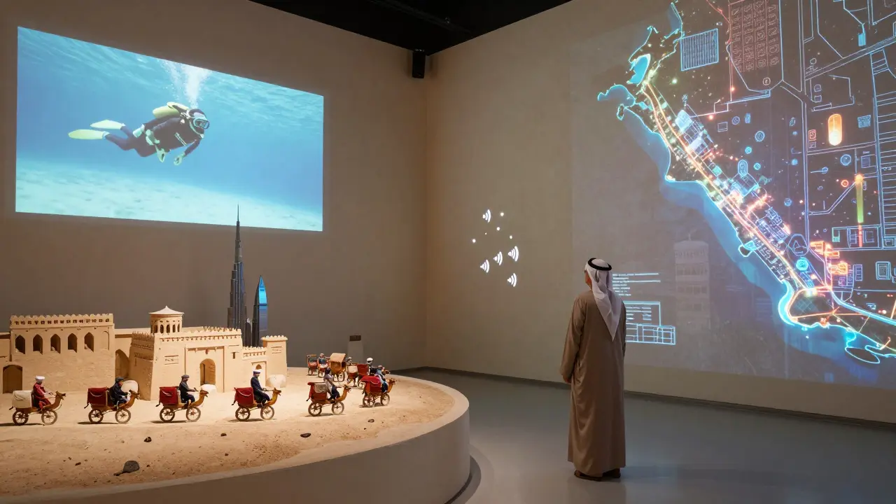 Interior of the Dubai Frame museum showing digital displays of Dubai's history alongside scale models.