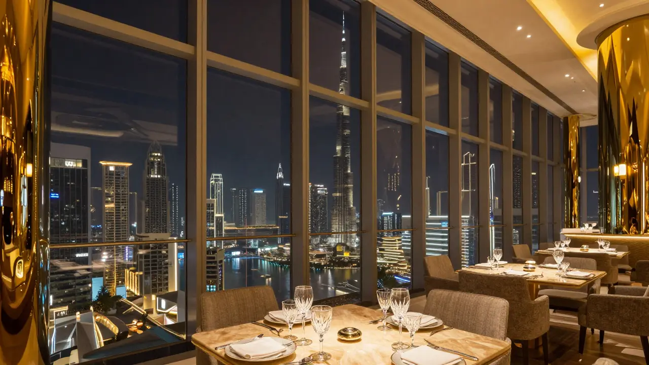 Luxury restaurant interior with city skyline view at night
