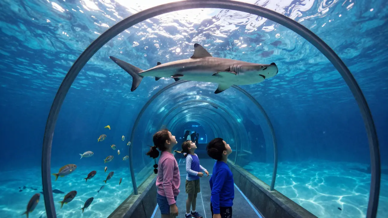 People walking through underwater tunnel with sharks.