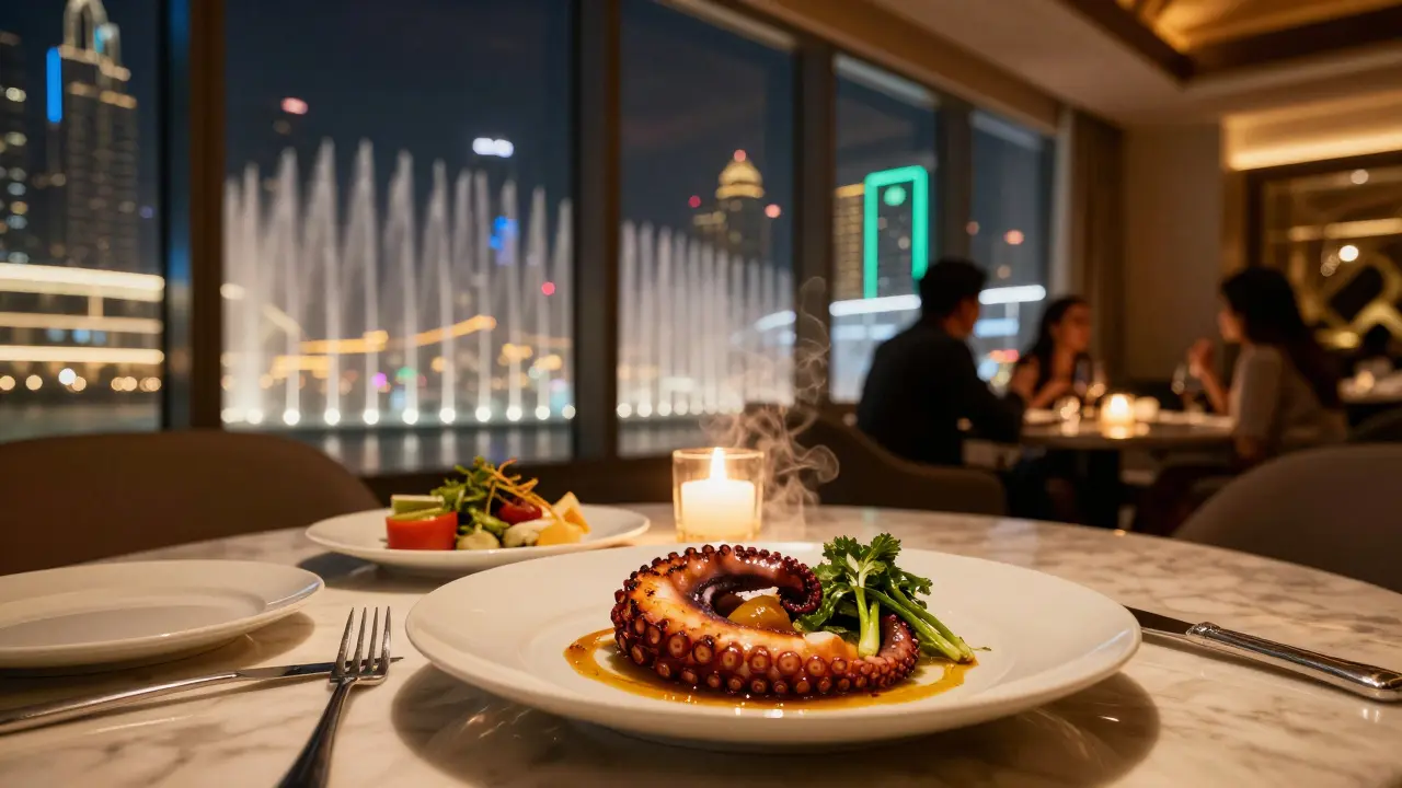 Plated gourmet seafood with Dubai city lights and fountains visible in background