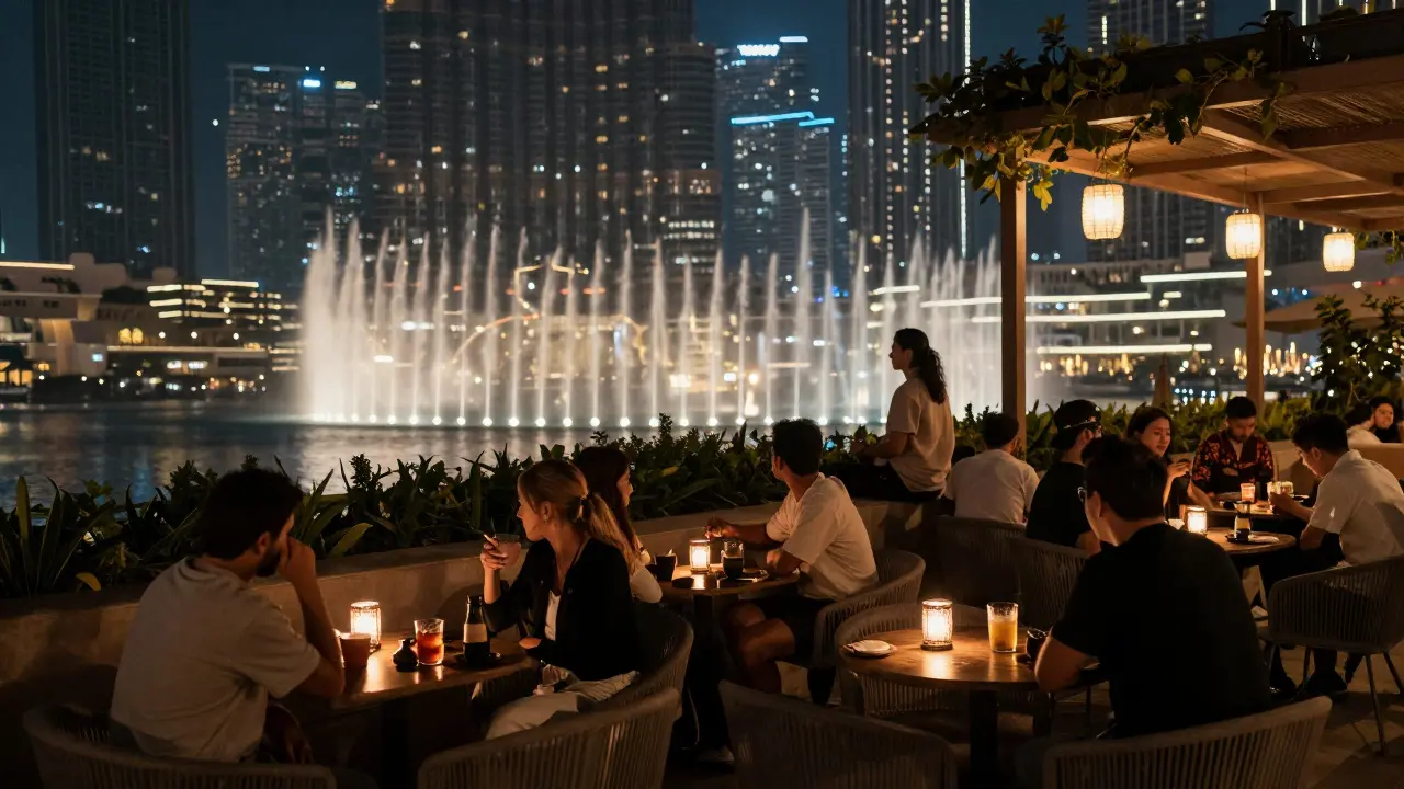 Quiet late-night moment on a terrace, guests sipping non-alcoholic drinks as city lights fade softly.