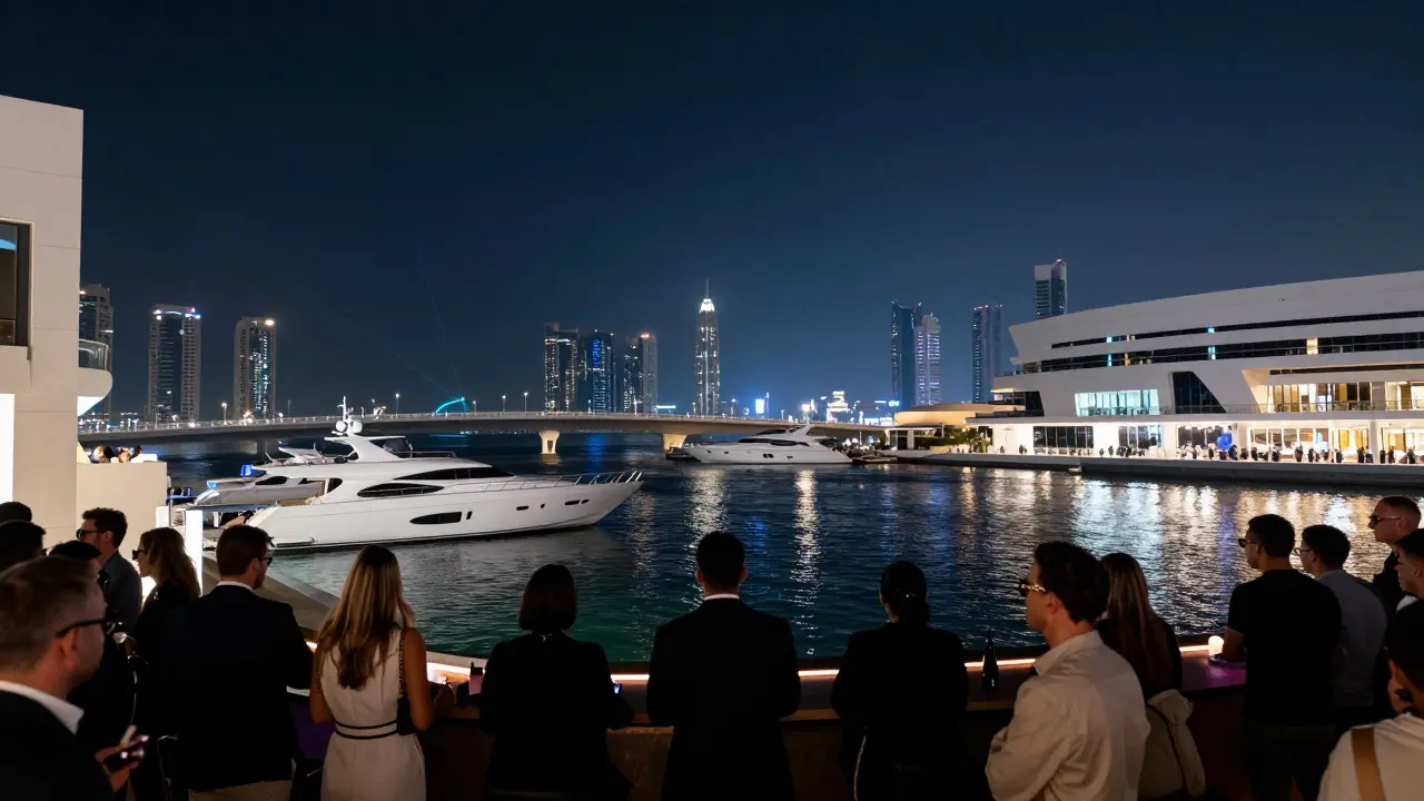 Rooftop nightclub terrace overlooking marina with docked yachts below.