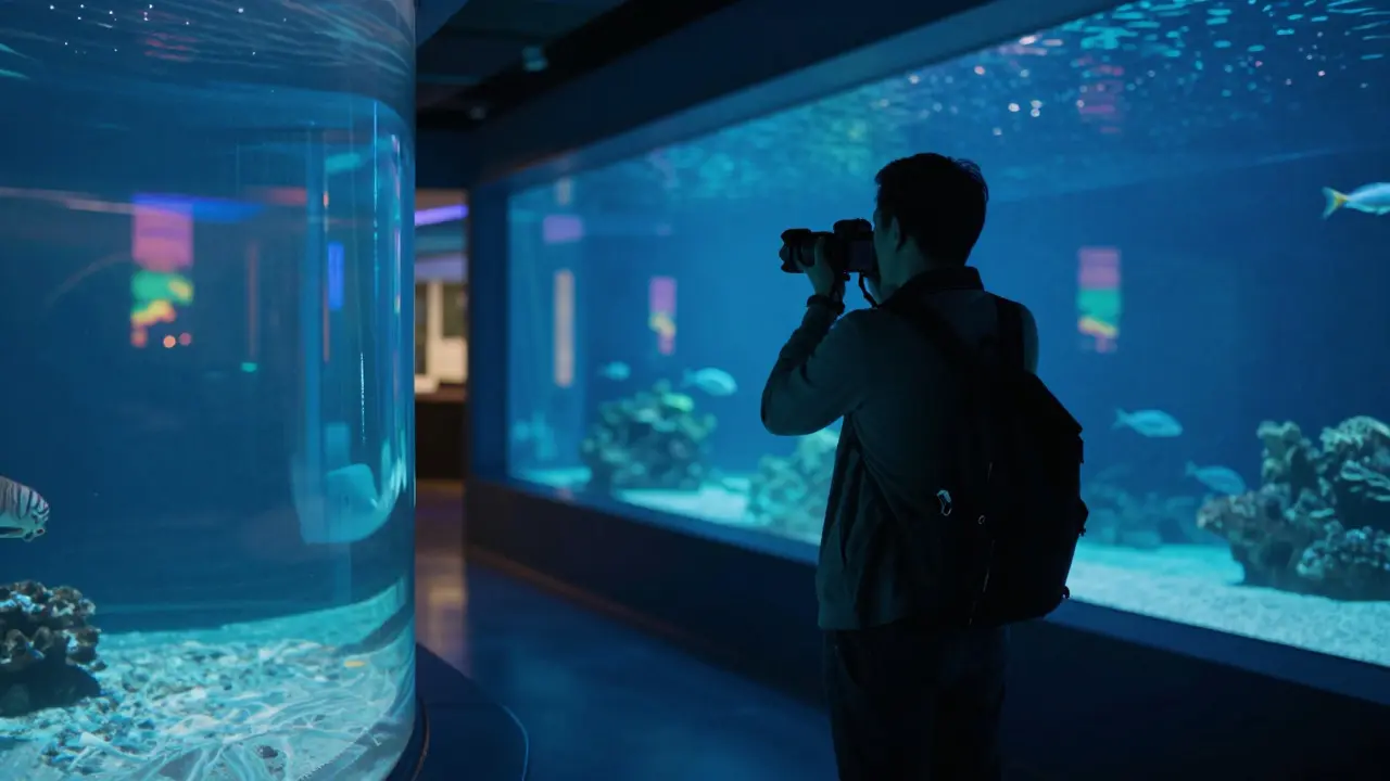 Silhouette against blue aquarium lighting at night.