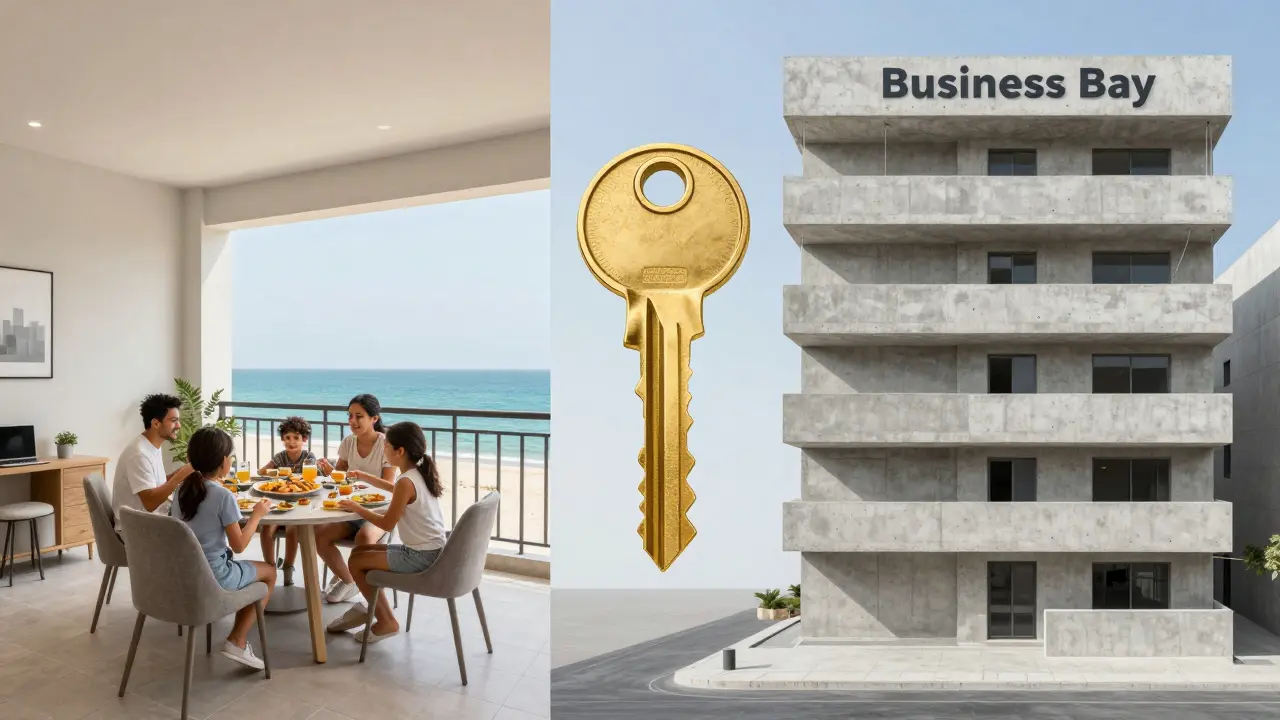 Split scene: family enjoying a beachfront Airbnb vs. empty concrete building, with a golden key symbolizing the right choice.