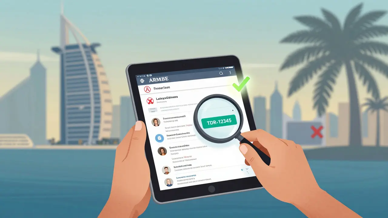 Tourist checking an Airbnb license number on a tablet, with licensed listing highlighted among blurred unlicensed options.