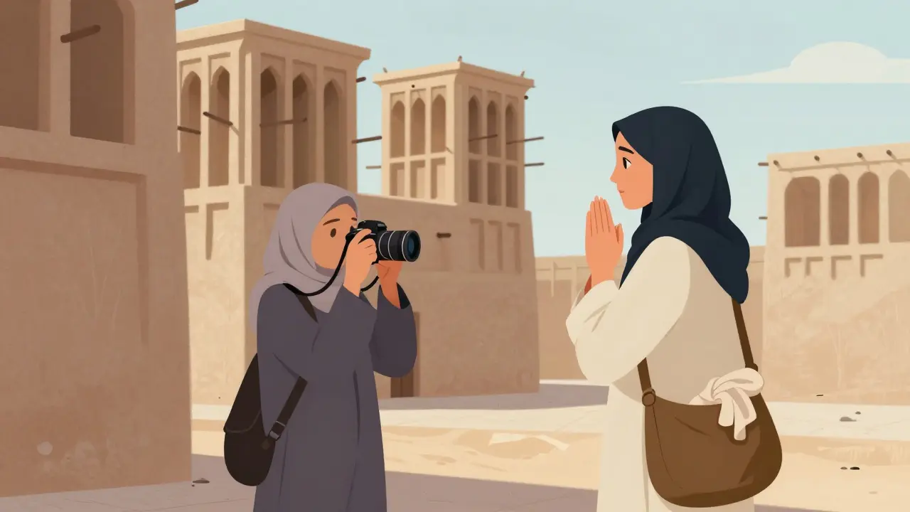 Tourist pausing to consider taking a photo of a local woman near historic Dubai architecture.