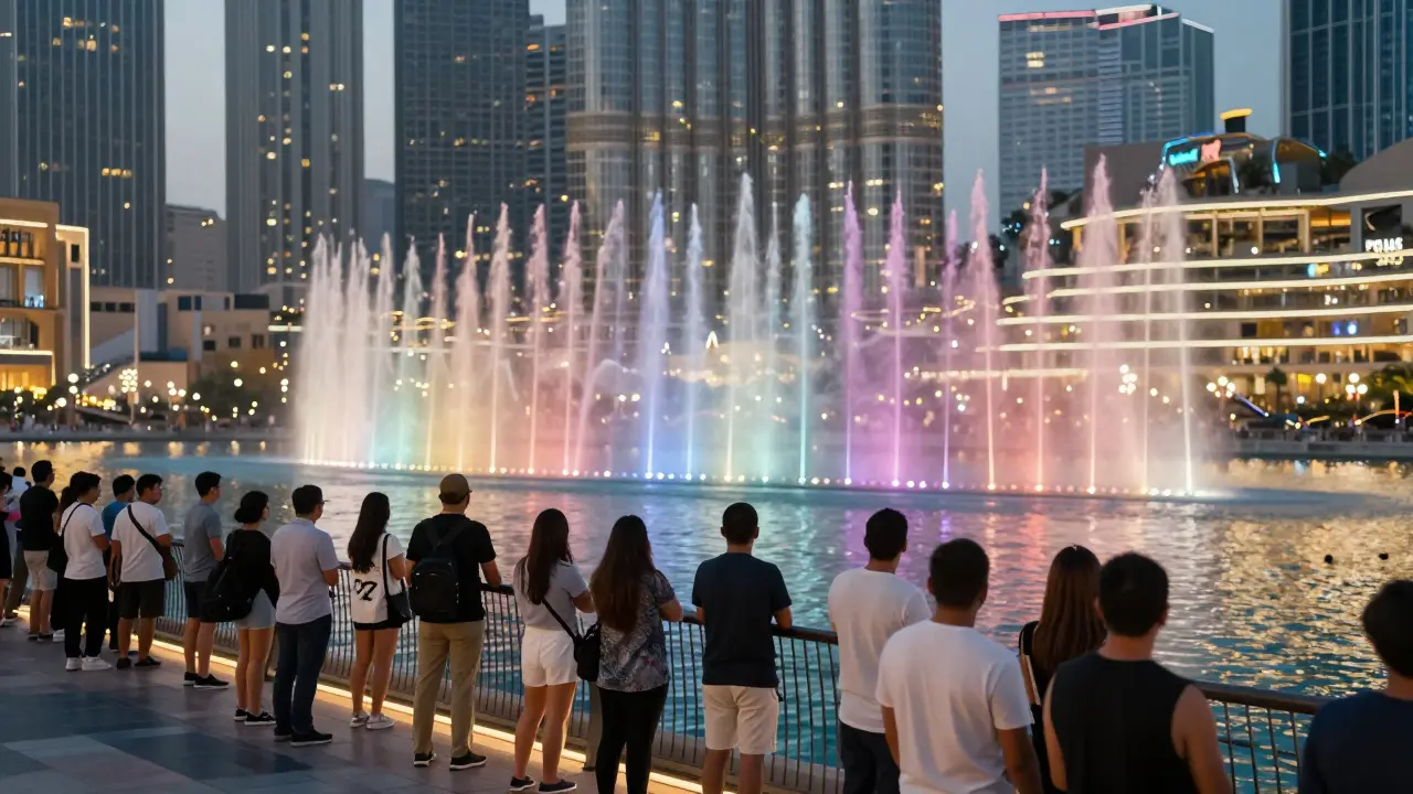 Tourists watching the light and water show from the promenade.