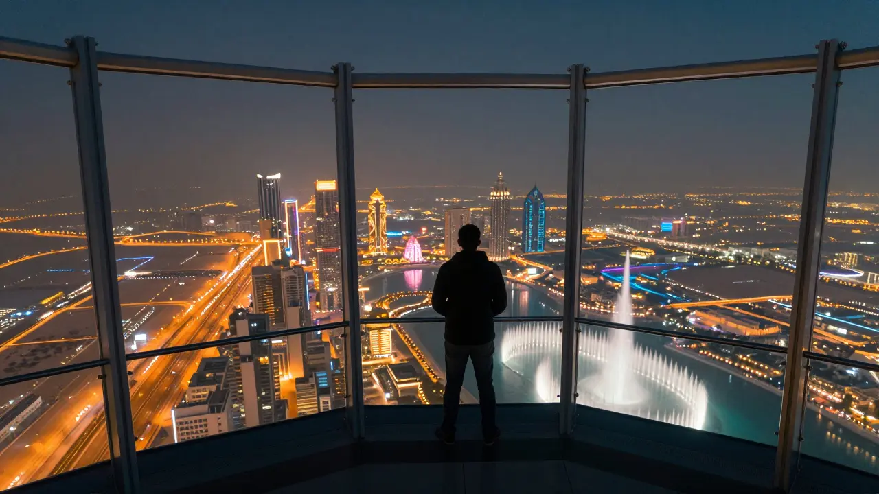 View from Burj Khalifa's observation deck showing Dubai's illuminated skyline and desert beyond.