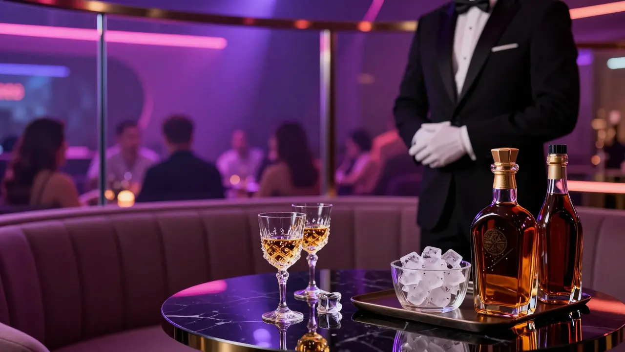 VIP lounge table setting with champagne bottles and crystal glassware.